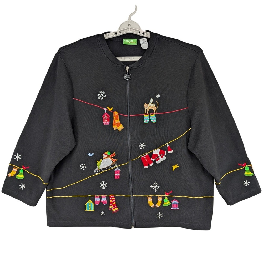 3X Black Full Zip Cardigan Christmas Sweater Winter Clothesline‎ Snowman Holiday